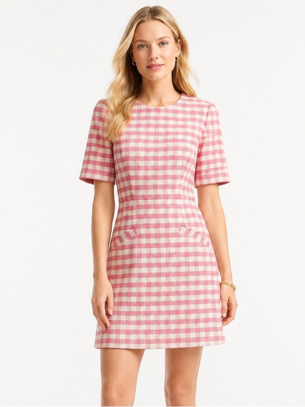 J.Crew Gingham Terry Tweed Mini Dress Warm Rose Ivory Size 6